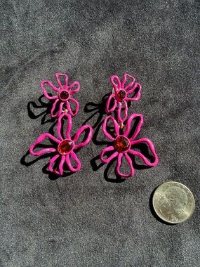 Mignonne Gavigan Hot Pink Double Flower Drop Earrings with Amber Centers